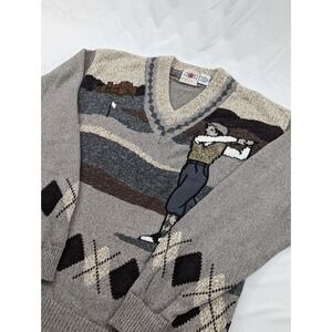 Cotton‎ Traders Knit Sweater Men's M Gray & Beige Golf Embroidered 90s Textured